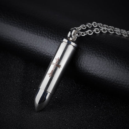 Rockyu 薬ケースネックレス メンズ ステンレス製 弾丸モチーフ 十字架刻印付き