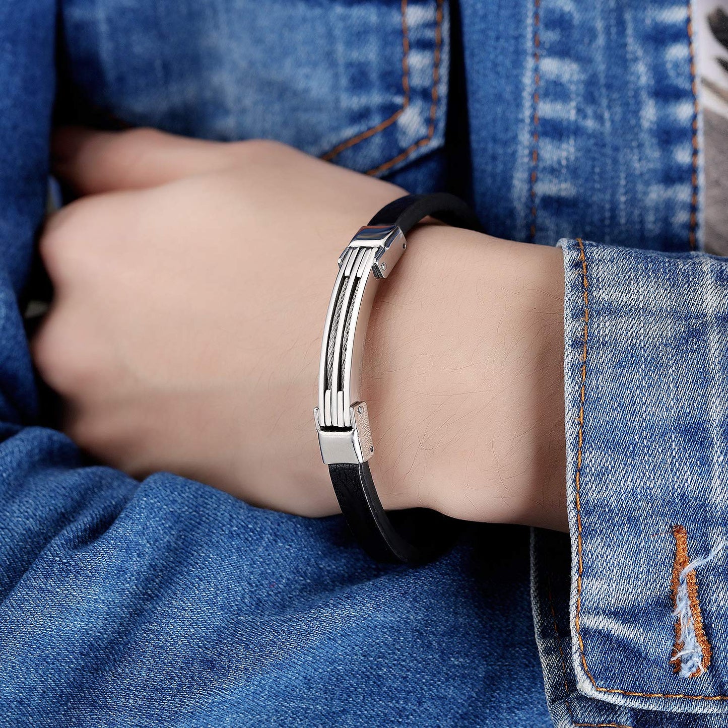 Rockyu メンズ ブレスレット ステンレス シリコン レザー プレート シンプル カジュアル アクセサリー