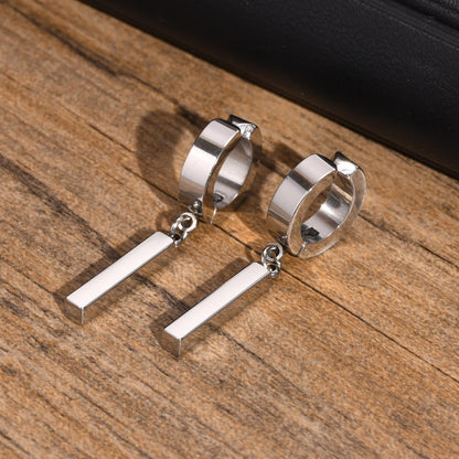 Rockyu メンズ ピアス スティックペンダント リングピアス バーイヤーカフ ブラック＆シルバー ステンレス製