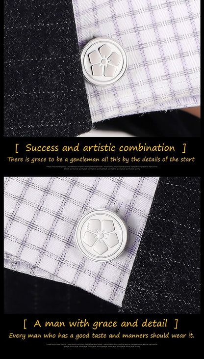 Rockyu 桜花カフス メンズ シルバー ラウンドカフス 鏡面仕上げ フラワーモチーフ