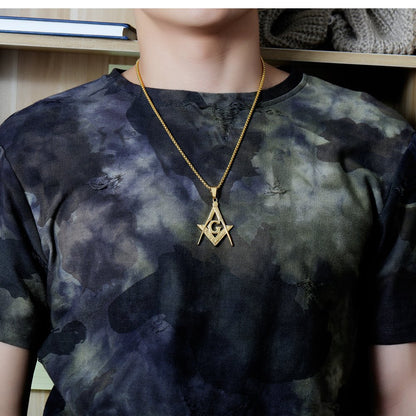 Rockyu ネックレス メンズ ゴールド フリーメーソン モチーフ 青い目ペンダント チェーン付き