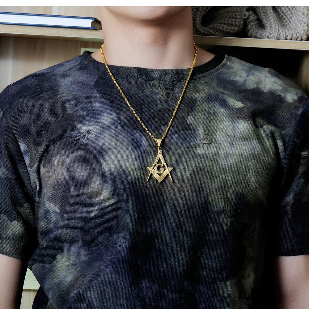Rockyu フリーメイソンネックレス｜18金コーティング Gモチーフ メンズペンダント