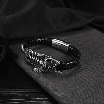 Rockyu メンズブレスレット 魚骨デザイン レザー×ステンレス ブラックアクセサリー