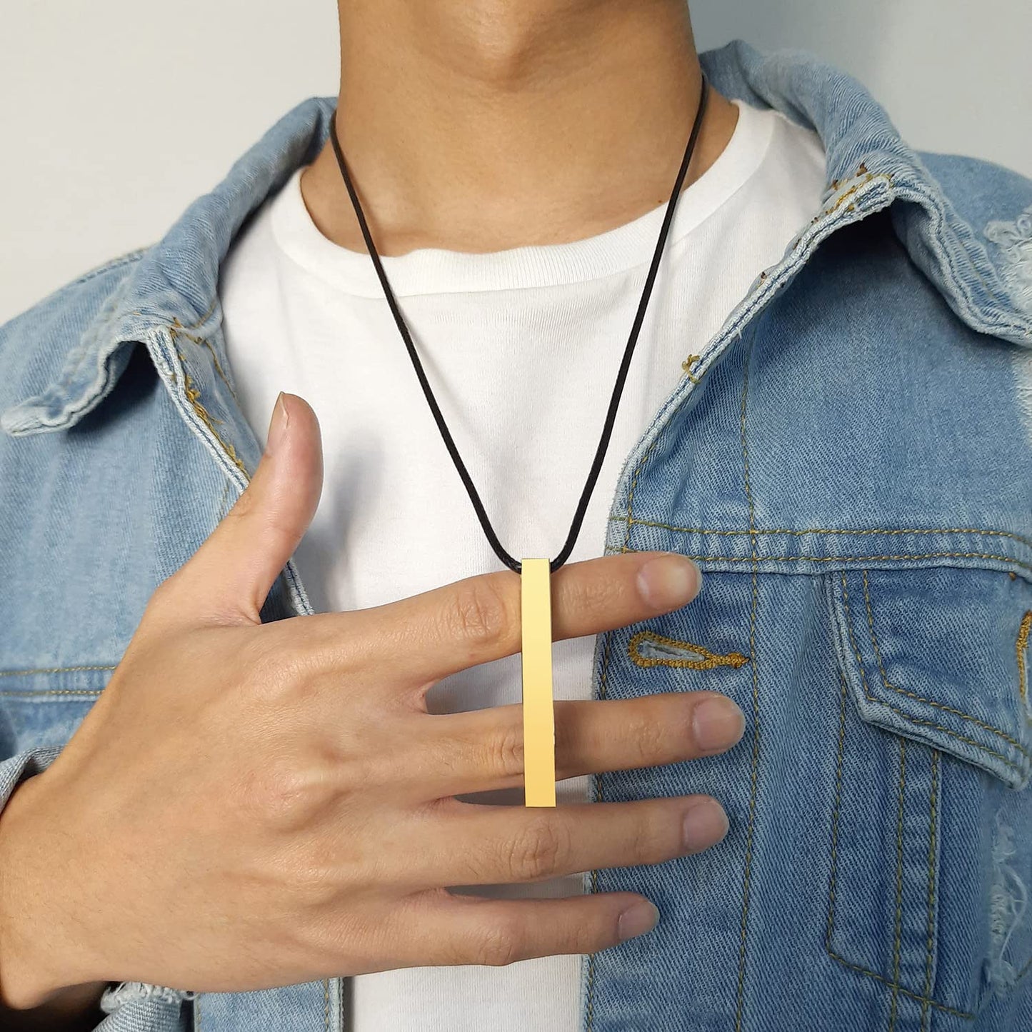 Rockyu スティックネックレス メンズ レディース サージカルステンレス 光面レザーチェーン 長方形ペンダント シルバー・ブラック・ピンクゴールド・ゴールド