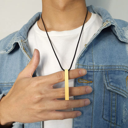 Rockyu スティックネックレス メンズ レディース サージカルステンレス 光面レザーチェーン 長方形ペンダント シルバー・ブラック・ピンクゴールド・ゴールド