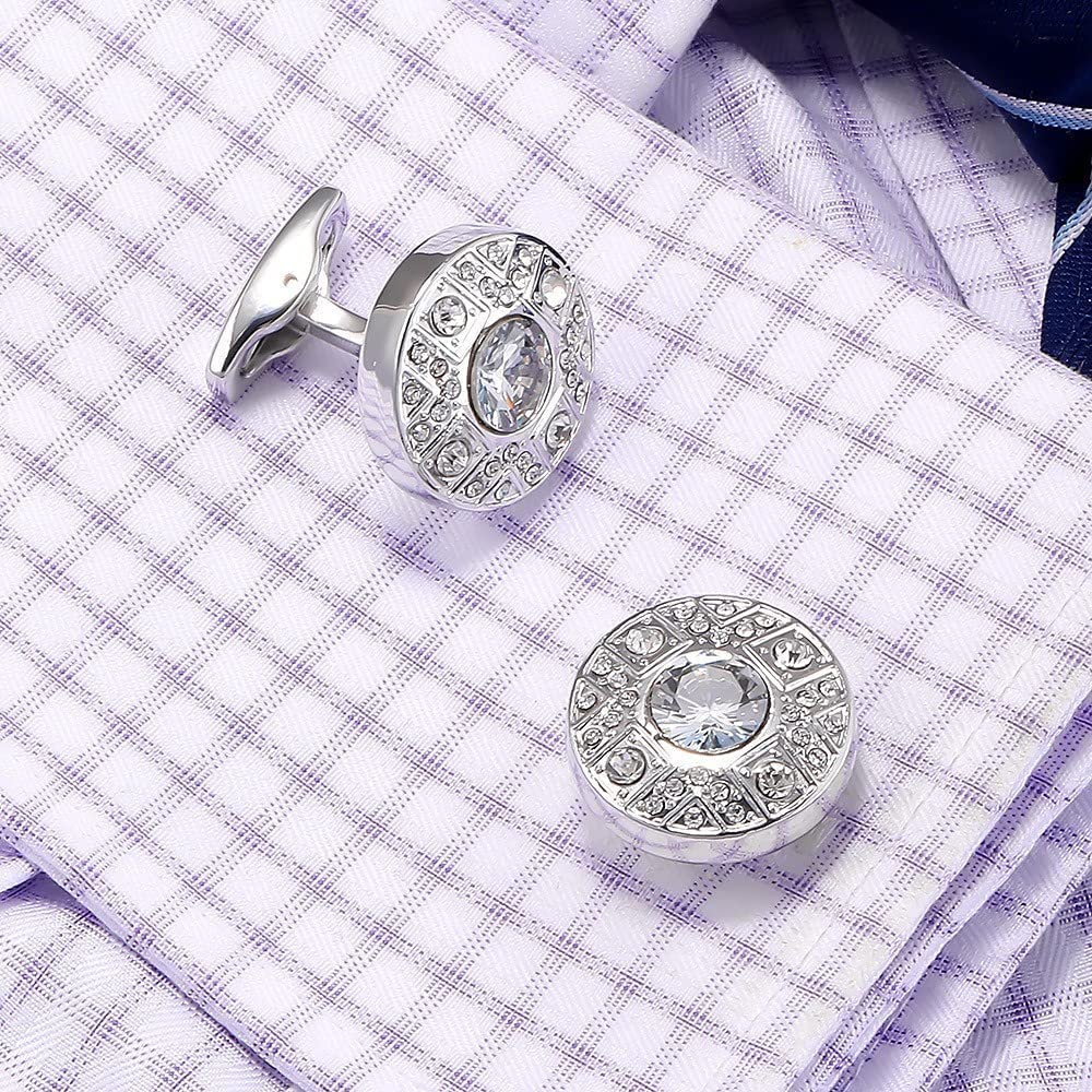Rockyu カフスボタン メンズ おしゃれ シルバー ラウンド 大粒ジルコニア カフリンクス