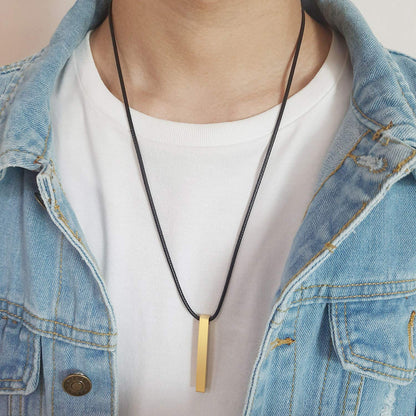 Rockyu スティックネックレス メンズ レディース サージカルステンレス 光面レザーチェーン 長方形ペンダント シルバー・ブラック・ピンクゴールド・ゴールド