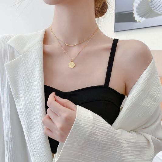 Rockyu レディース二連ネックレス ゴールド コインペンダント ステンレス製 鎖骨アクセ