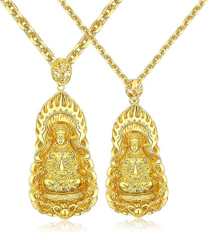 Rockyu ゴールド観音菩薩ネックレス メンズ 開運ステンレスロングチェーン付き