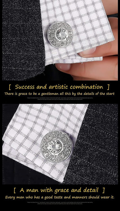 Rockyu カフスボタン メンズ おしゃれ シルバー ラウンド 大粒ジルコニア カフリンクス