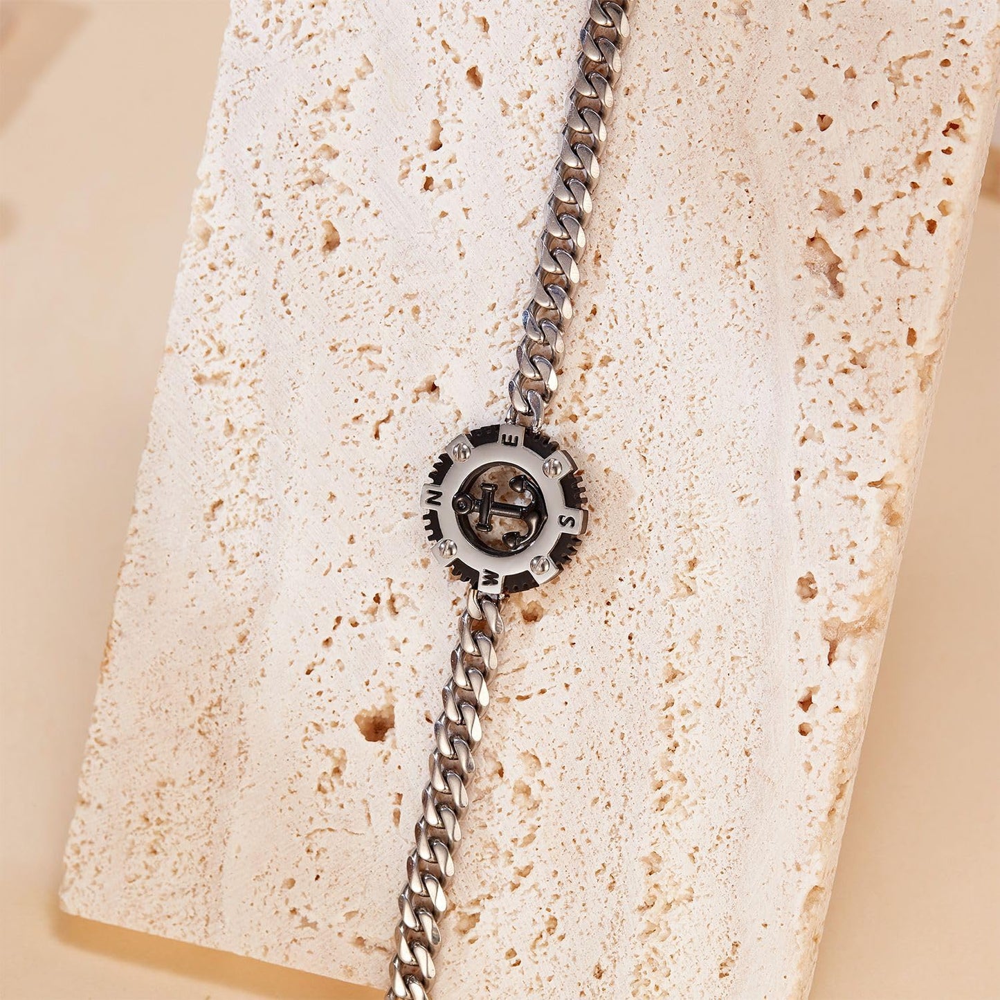 Rockyu ステンレス 錨コンパスデザイン メンズブレスレット 喜平チェーン