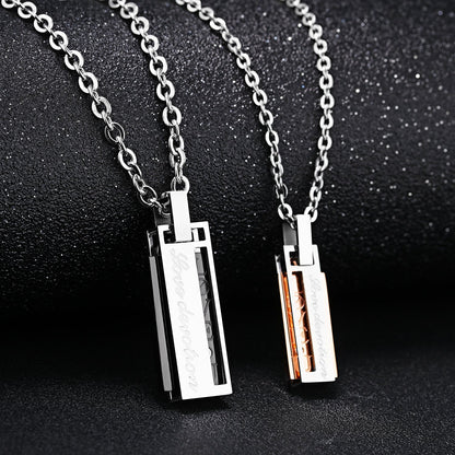 Rockyu ペアネックレス LOVE-U刻印 長方形プレート ジルコニア付き ステンレス製