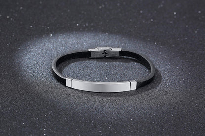 Rockyu ブレスレット メンズ 本革 プレートデザイン ステンレス製 金属アレルギー対応 レザーバングル