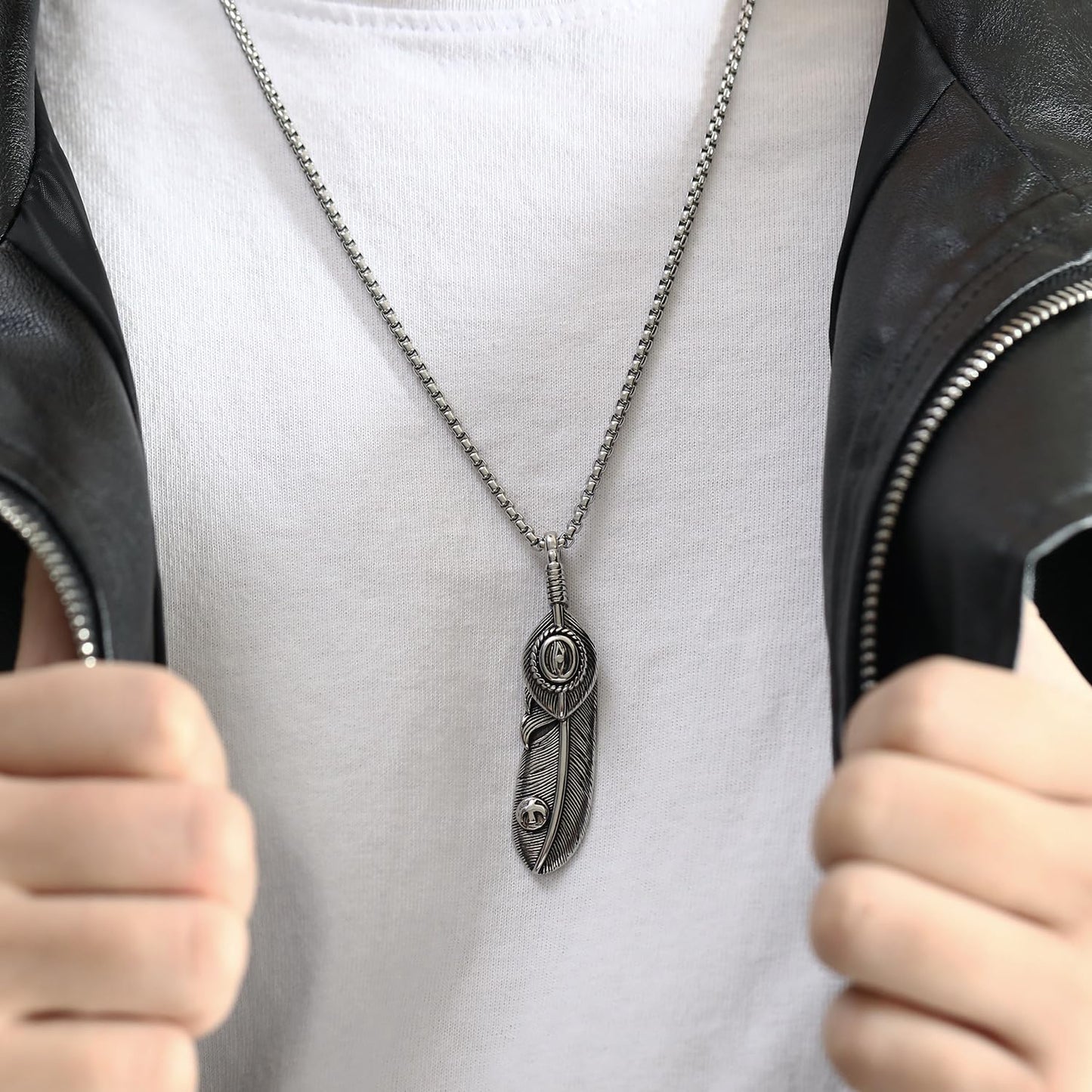 Rockyu ネックレス メンズ 羽根モチーフ ペンダント ステンレス製 ミラー仕上げ 金属アレルギー対応