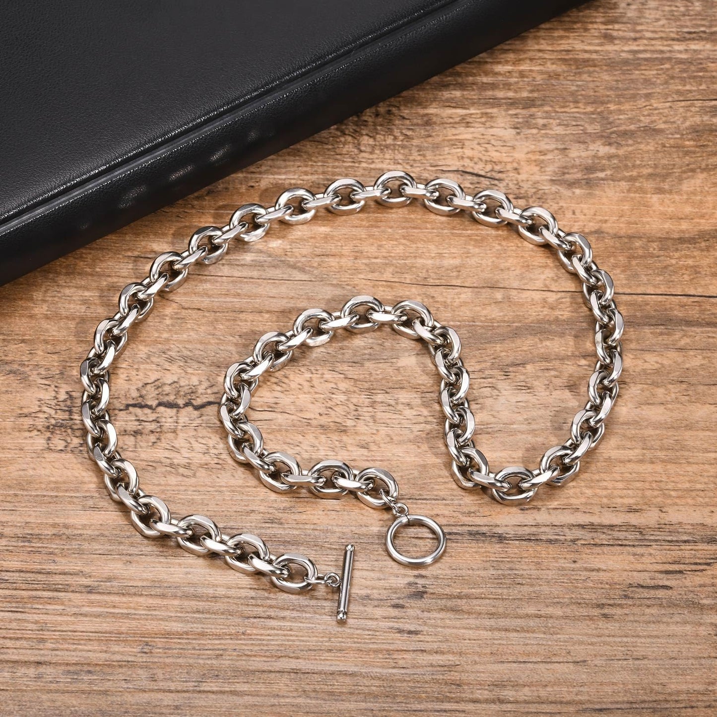 Rockyu ネックレス メンズ チェーンネックレス ステンレススチール 幅0.9cm 52cm OTバックル シルバー/ゴールド