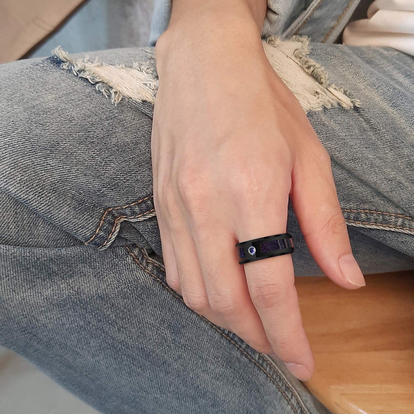 Rockyu タングステンリング メンズ 龍紋デザイン 8mm 幅広 AAAジルコニア ブルー×ブラック