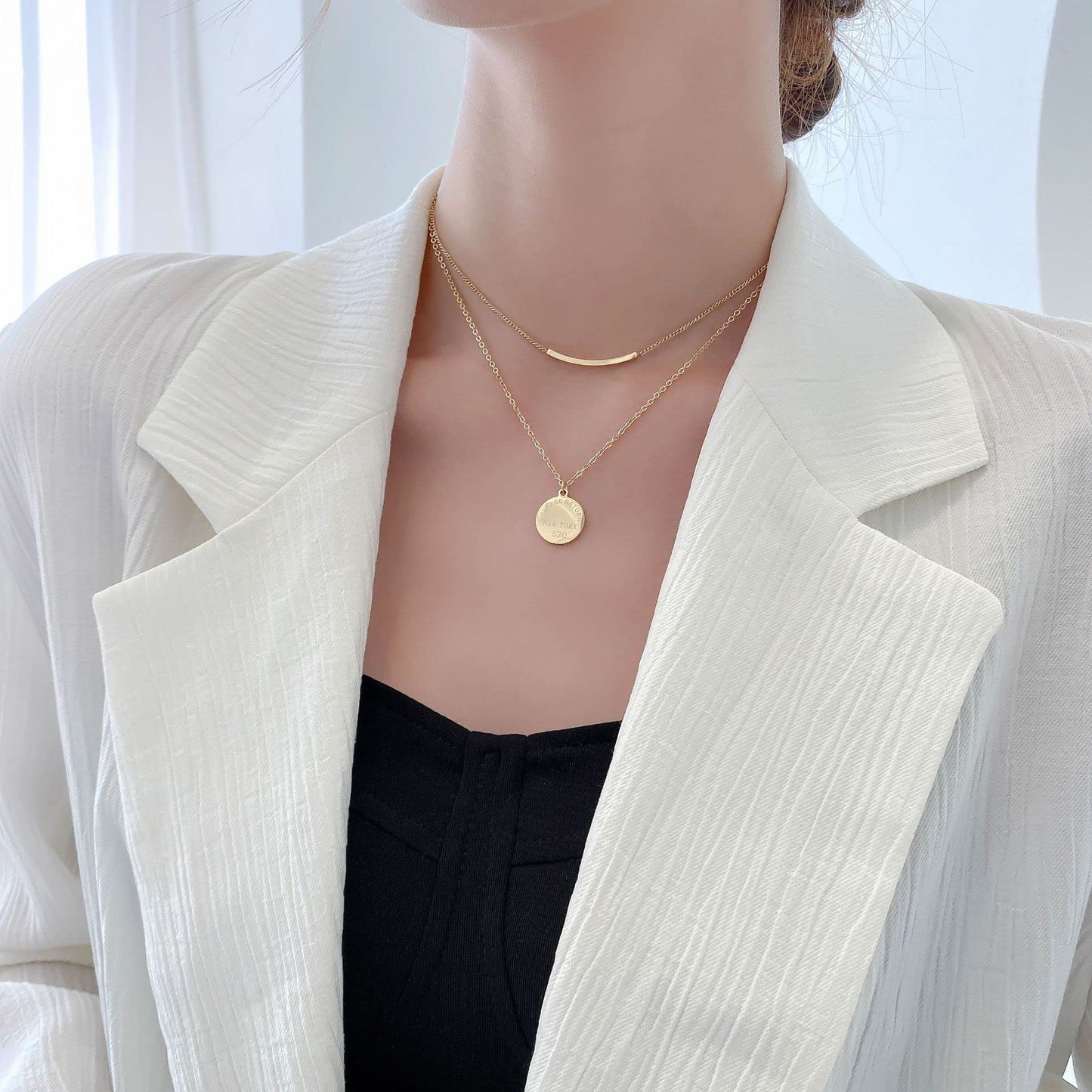Rockyu レディース二連ネックレス ゴールド コインペンダント ステンレス製 鎖骨アクセ