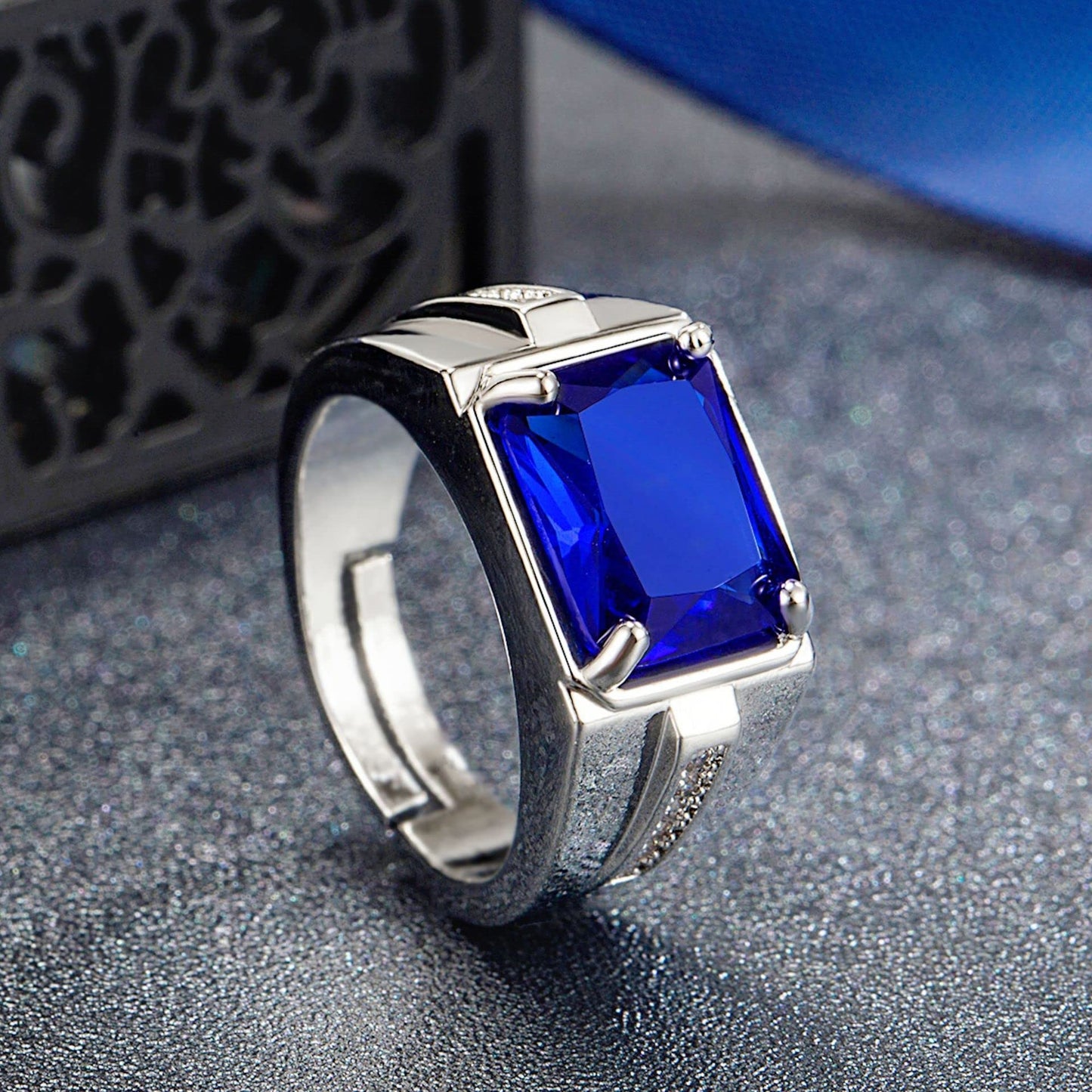 Rockyu メンズ 印台リング シルバー＆ブラック 瑪瑙×ジルコニア フリーサイズ ステンレス製 金属アレルギー対応