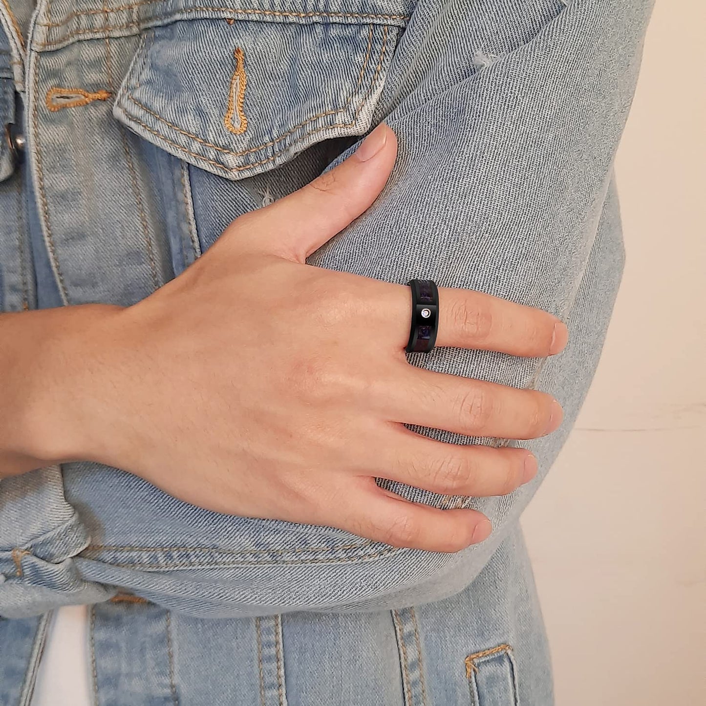 Rockyu タングステンリング メンズ 龍紋デザイン 8mm 幅広 AAAジルコニア ブルー×ブラック