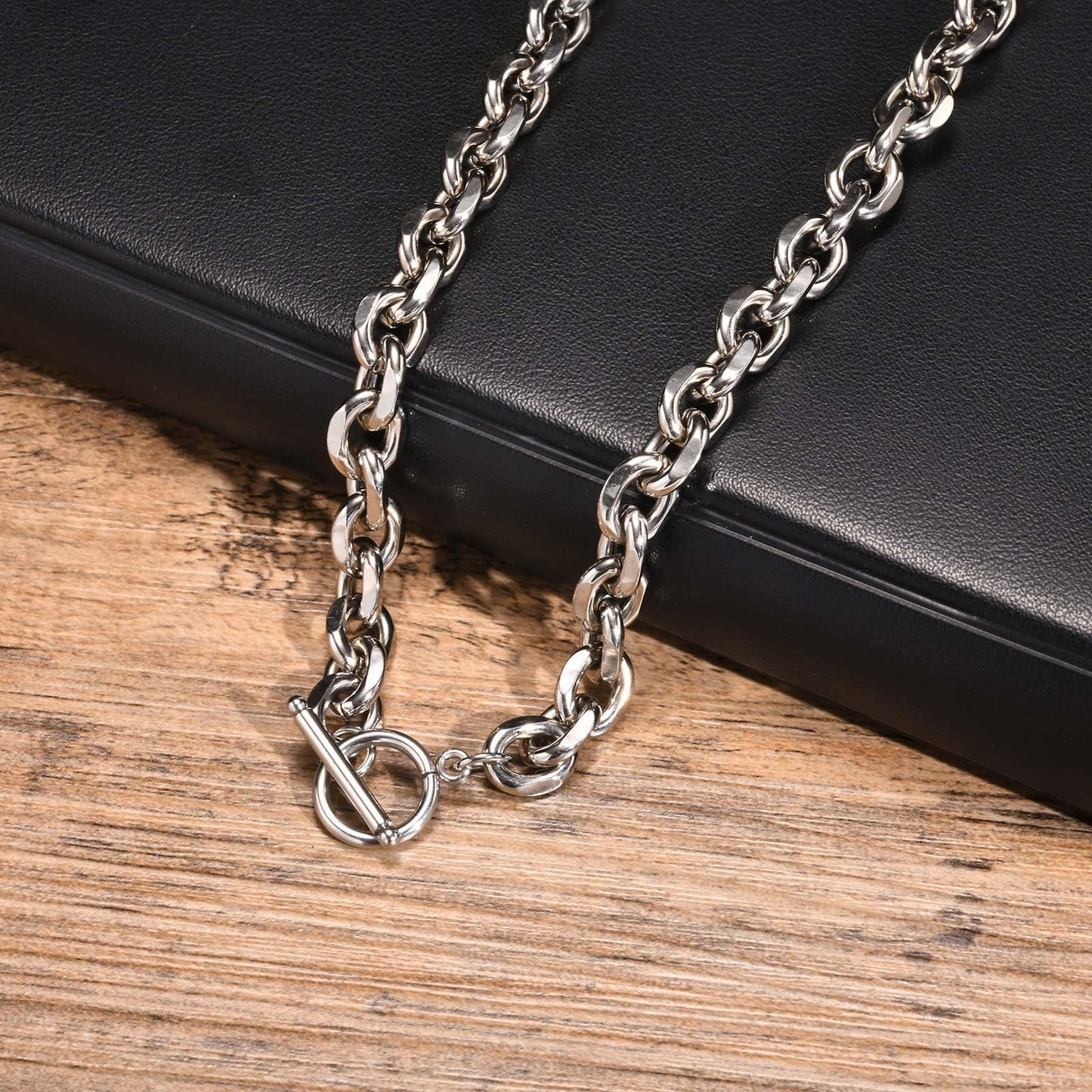 Rockyu ネックレス メンズ チェーンネックレス ステンレススチール 幅0.9cm 52cm OTバックル シルバー/ゴールド