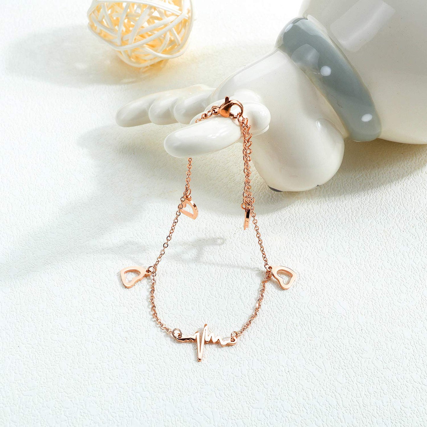 Rockyu アンクレット レディース ピンクゴールド 18K チタン 心電図 ハート 細身チェーン