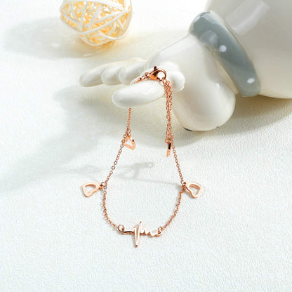 Rockyu アンクレット レディース ピンクゴールド 18K チタン 心電図 ハート 細身チェーン