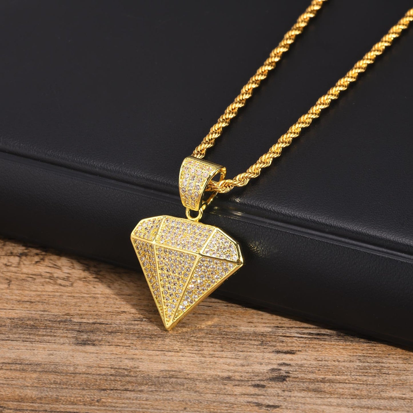 CZダイヤペンダントネックレス｜メンズ ヒップホップ ゴールド ロープチェーン付き