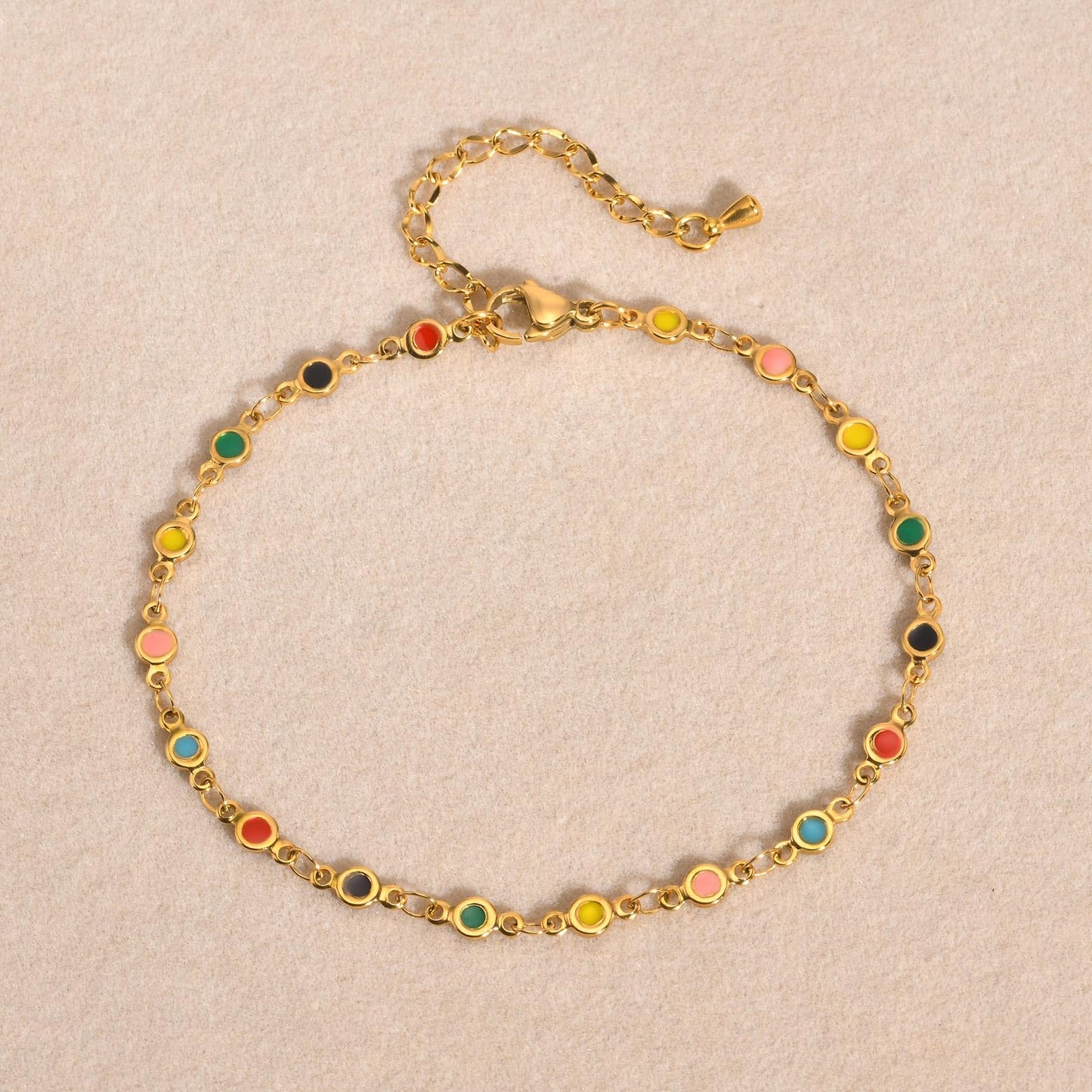 Rockyu アンクレット レディース ゴールド ステンレス製 カラフルエナメル サークルチャーム IPゴールドメッキ 夏 ビーチアクセサリー