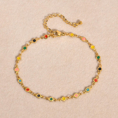 Rockyu アンクレット レディース ゴールド ステンレス製 カラフルエナメル サークルチャーム IPゴールドメッキ 夏 ビーチアクセサリー