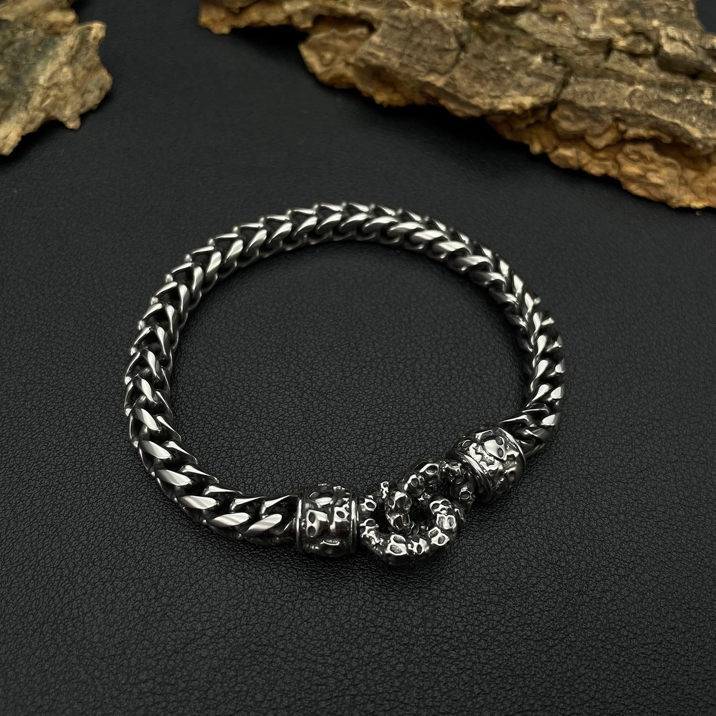 Rockyu ブレスレット メンズ シルバー スカルチェーン 髑髏モチーフ ステンレス 金属アレルギー対応