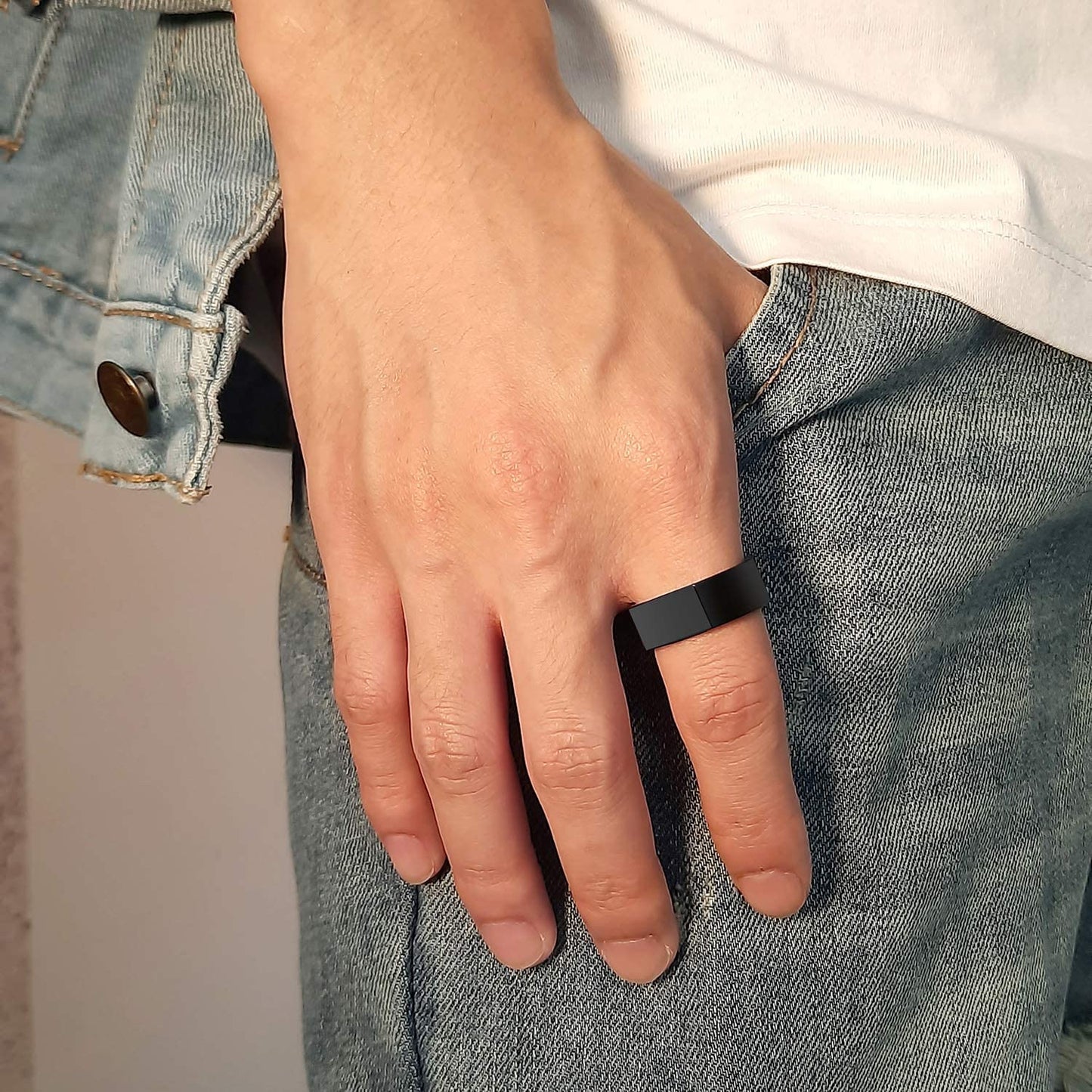 Rockyu タングステン リング メンズ ブルー×ブラック 8mm幅 重厚リング 高硬度鏡面仕上げ