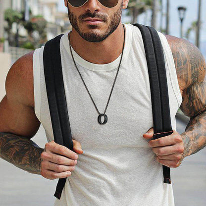 Rockyu ネックレス メンズ リングペンダント 幅広 ステンレス カーボンファイバー ブラック 60cm チェーン