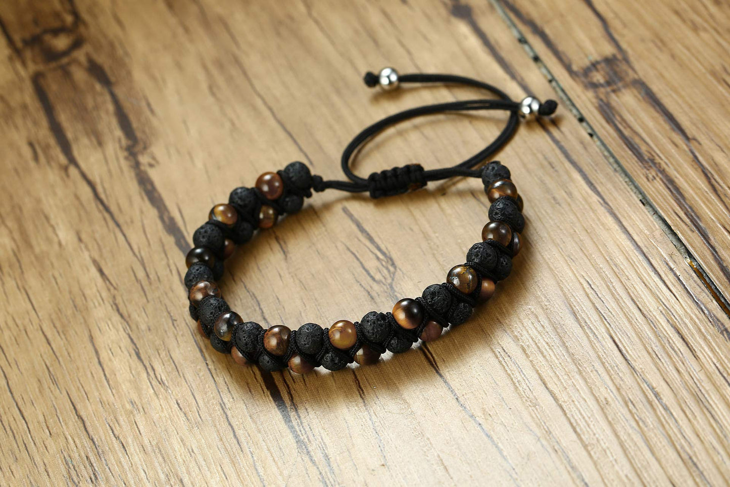 Rockyu メンズブレスレット 編み込み レザー 火山石 黒紫 数珠2連ブレスレット浄化用さざれ 調節可能 カジュアル 人気アクセサリー