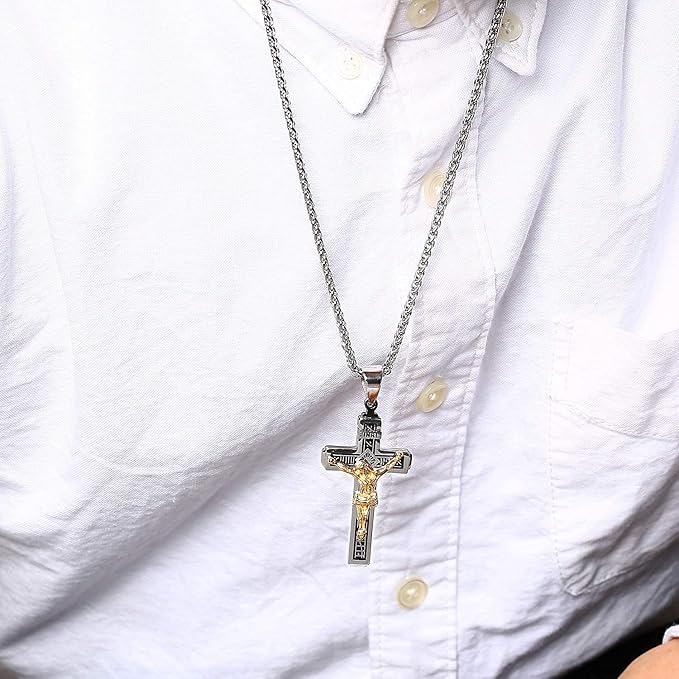 Rockyu ネックレス メンズ 十字架 ゴールド イエス クロスペンダント ステンレス製 宗教モチーフ