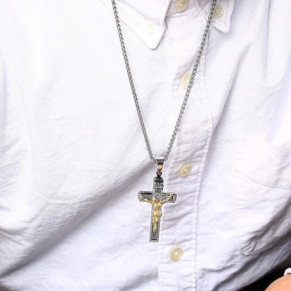 Rockyu ネックレス メンズ 十字架 ゴールド イエス クロスペンダント ステンレス製 宗教モチーフ