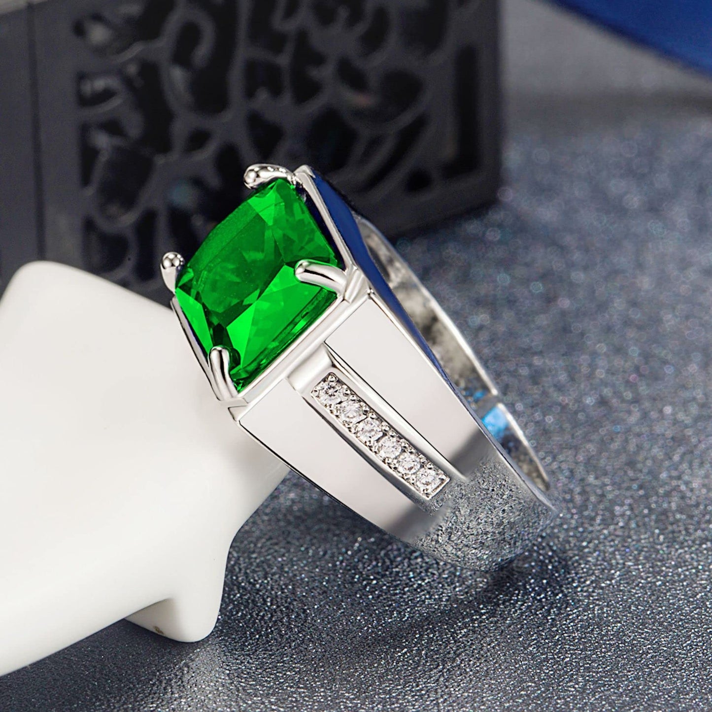 Rockyu メンズ 印台リング シルバー＆ブラック 瑪瑙×ジルコニア フリーサイズ ステンレス製 金属アレルギー対応