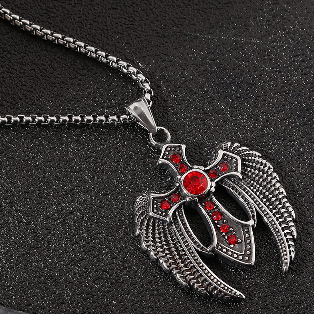 Rockyu クロスウィングネックレス メンズ ステンレス製 赤ジルコニア 十字架ペンダント