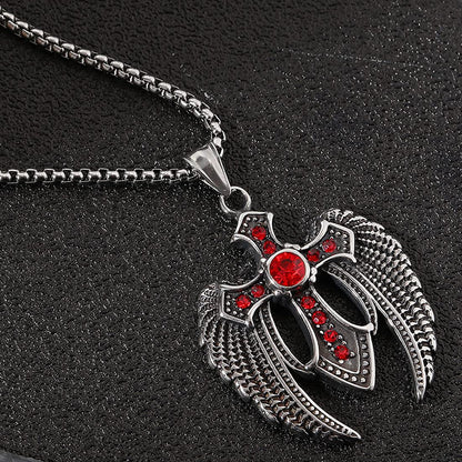 Rockyu クロスウィングネックレス メンズ ステンレス製 赤ジルコニア 十字架ペンダント