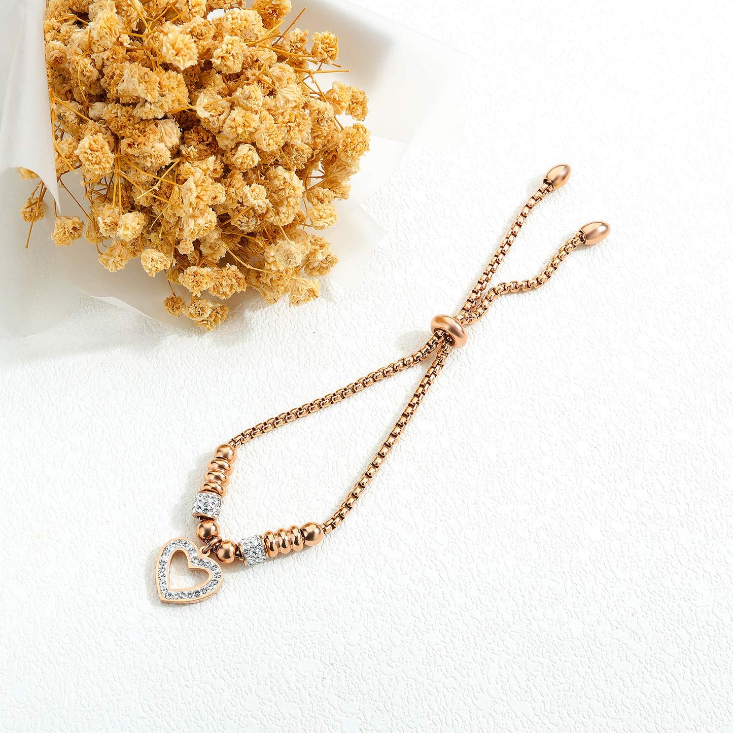 Rockyu ハートブレスレット レディース ジルコニア付き ステンレス製 サイズ調節可能