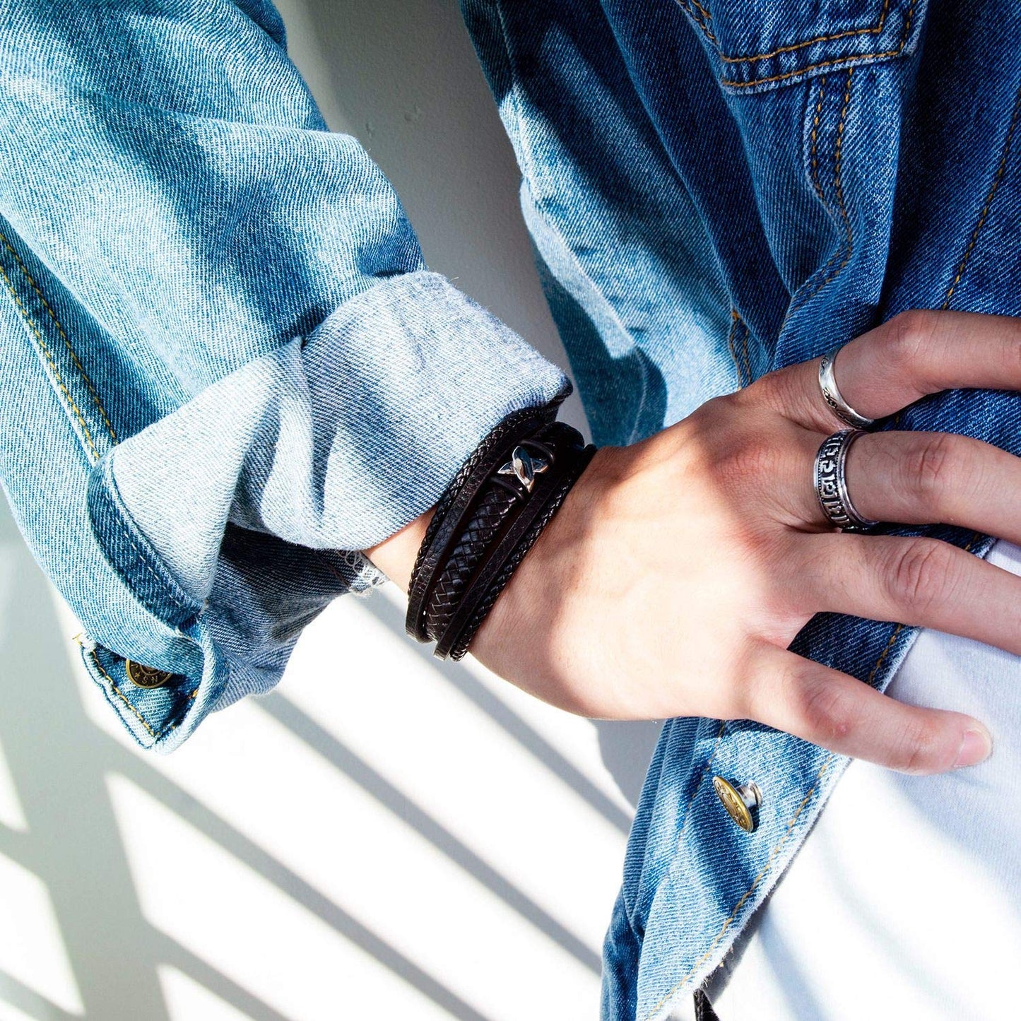 Rockyu ブレスレット メンズ ブラック レザー 多重巻き 無限大デザイン 編み込み バングル