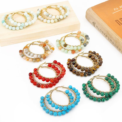 Rockyu フープピアス レディース 天然石 ターコイズ ホワイトムーンストーン ゴールド ワイヤーラップ 大ぶりピアス ギフト 誕生日 クリスマス