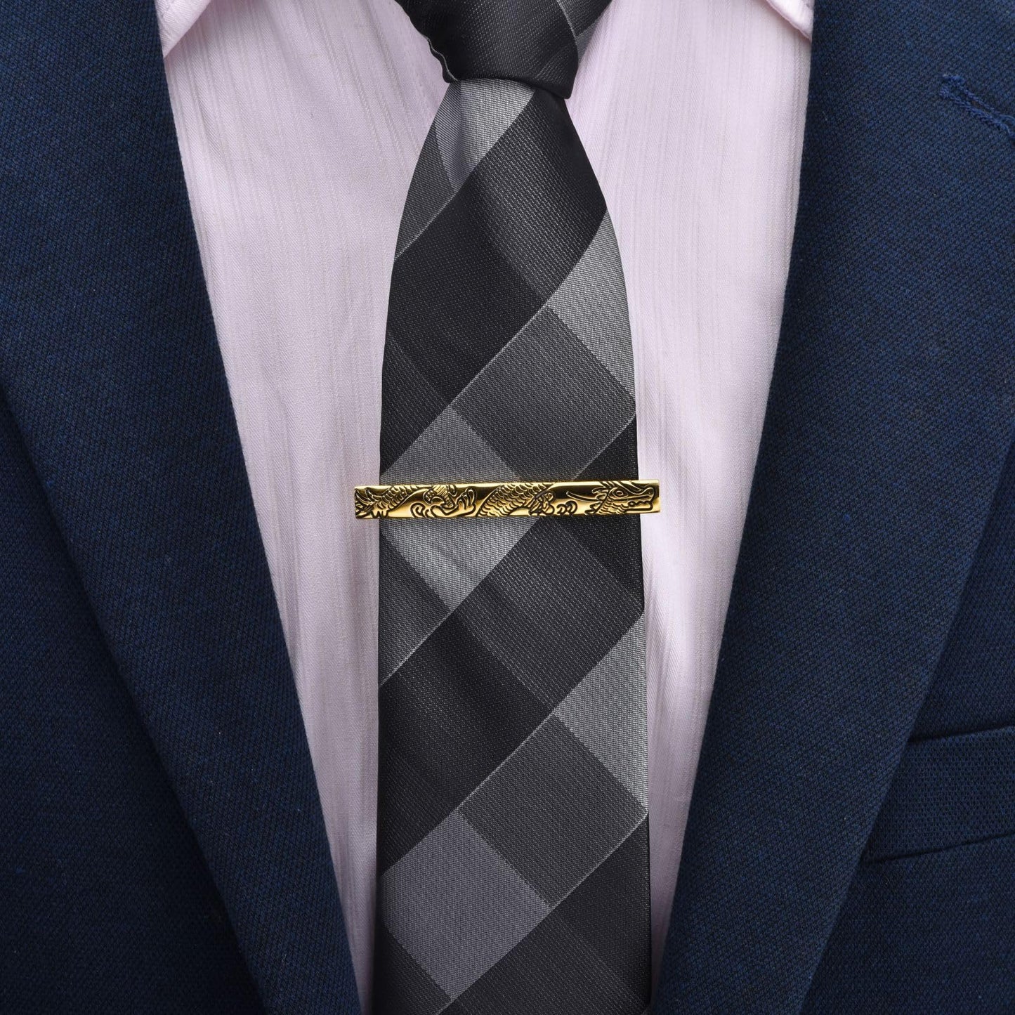 Rockyu ネクタイピン メンズ ゴールド＆シルバー 竜柄 真鍮製 龍紋デザイン ビジネス フォーマル ギフト