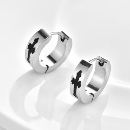 Rockyu ピアス メンズ フープ ステンレス シルバー クロスデザイン アレルギー対応 フェイクピアス 男女兼用