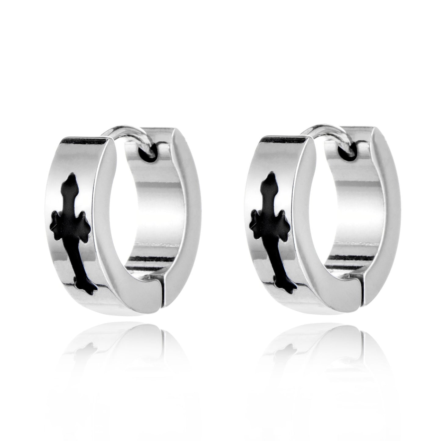 Rockyu ピアス メンズ フープ ステンレス シルバー クロスデザイン アレルギー対応 フェイクピアス 男女兼用