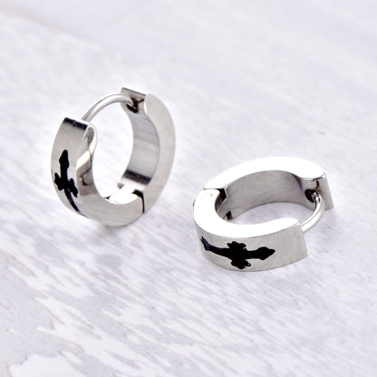 Rockyu ピアス メンズ フープ ステンレス シルバー クロスデザイン アレルギー対応 フェイクピアス 男女兼用