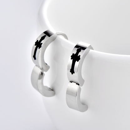 Rockyu ピアス メンズ フープ ステンレス シルバー クロスデザイン アレルギー対応 フェイクピアス 男女兼用