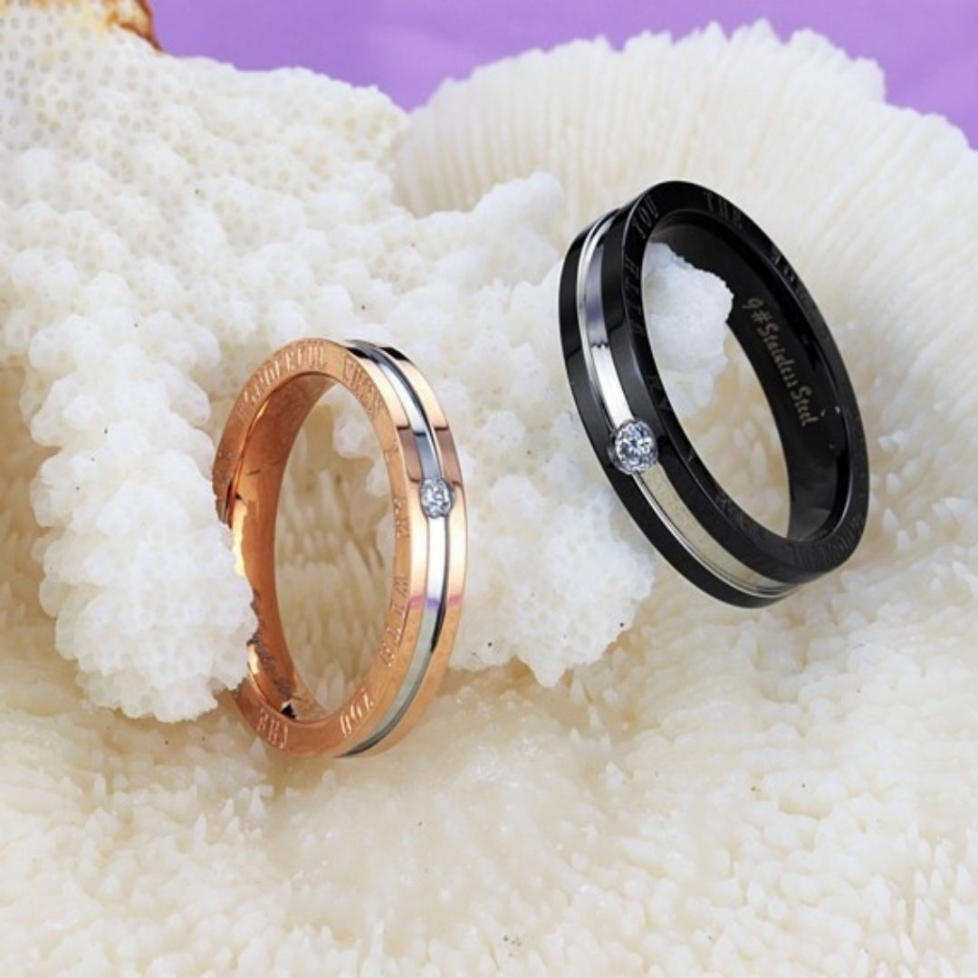 Rockyu ペアリング ステンレス製 一粒ジルコニア付き ブラック＆ピンクゴールドリング