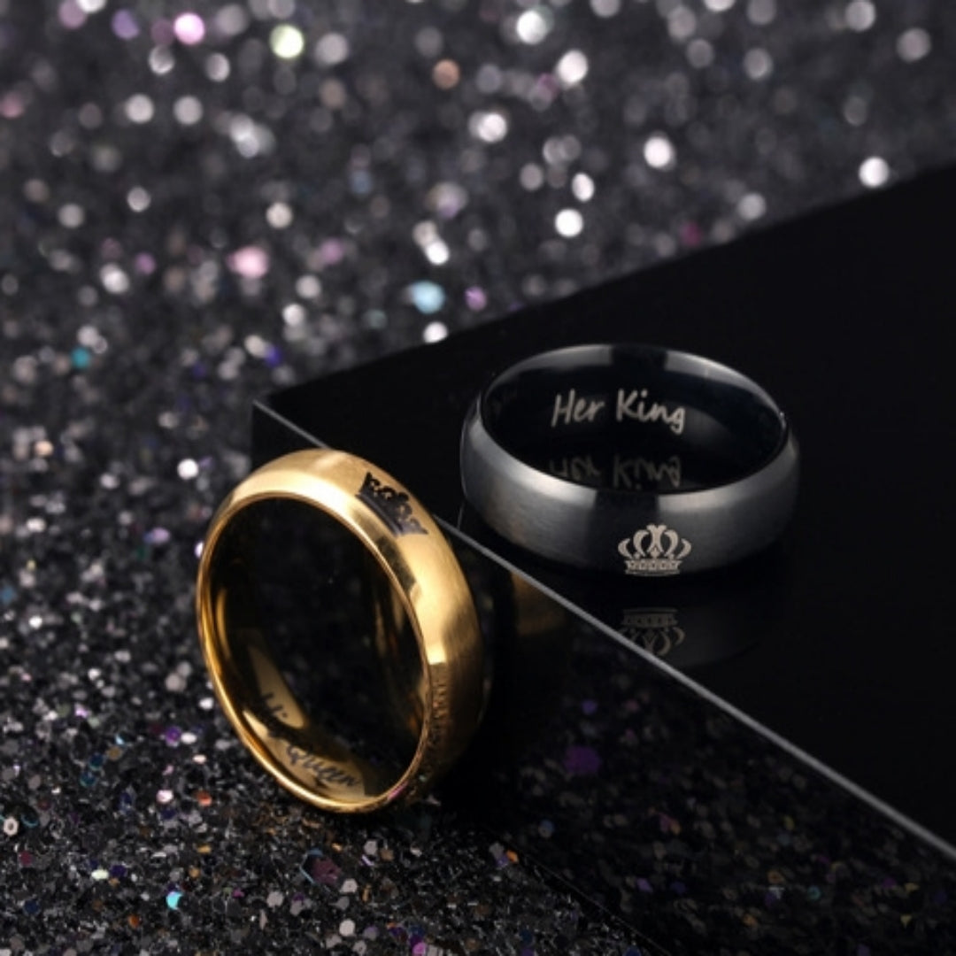 Rockyu ペアリング Her King & His Queen ステンレス製 ブラック＆ゴールド