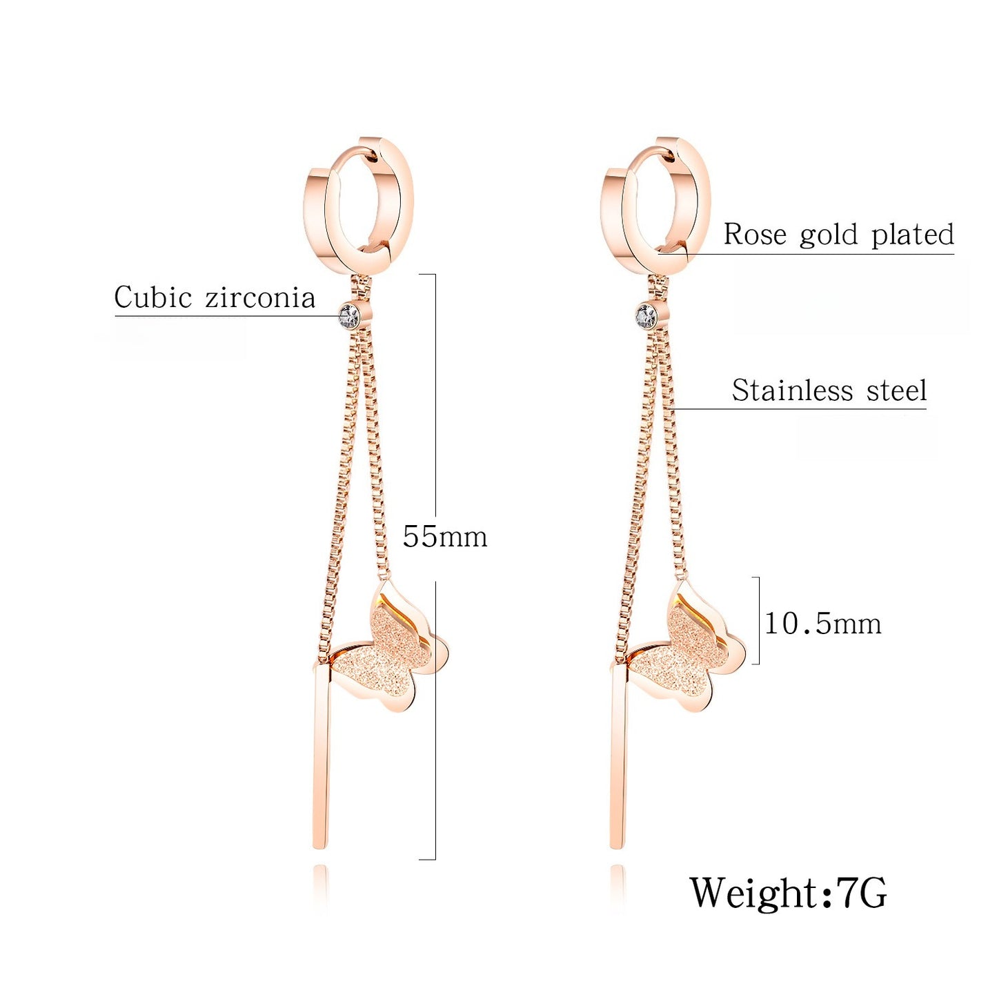 Rockyu レディースピアス ピンクゴールド 蝶モチーフ ロングチェーン スティックデザイン 揺れる 軽量 アレルギー対応