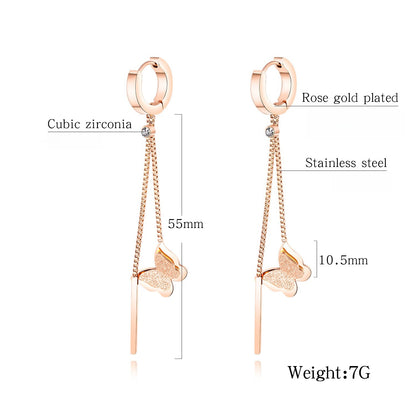 Rockyu レディースピアス ピンクゴールド 蝶モチーフ ロングチェーン スティックデザイン 揺れる 軽量 アレルギー対応